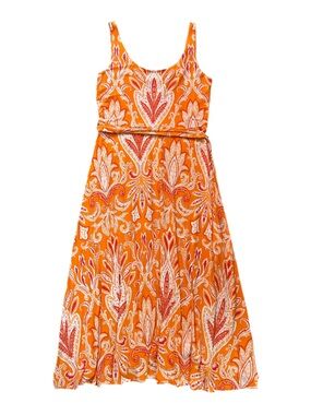 LOFT Orange Paisley Fit and Flare Maxi Sundress M Jersey Stretch Waist Tie EUC